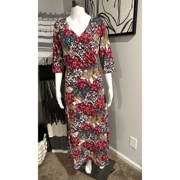 Soft Surroundings Dresses & Skirts - Soft Surroundings Bold Pink Floral Faux Wrap Maxi Dress 3/4 Sleeves Women’s S